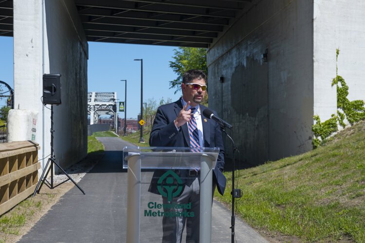 Brian Zimmerman, Metroparks Chief Executive Officer speaking at the Red Line Greenway Trailhead Opening