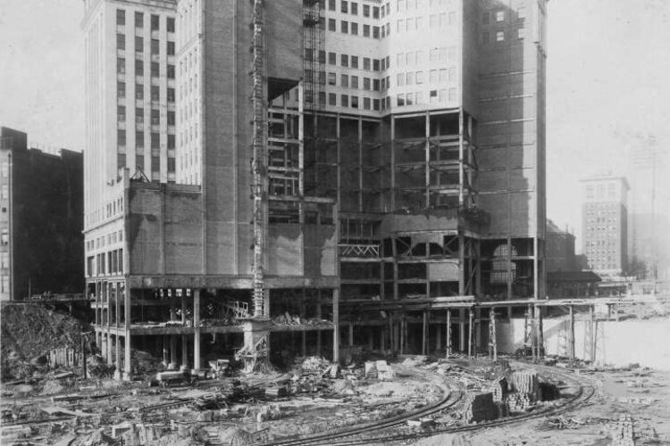 Looking north from Ontario St. at construction on the Terminal Tower