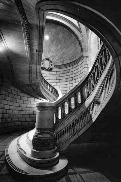Detail of marble stairway railing in the Cuyahoga County Courthouse.
