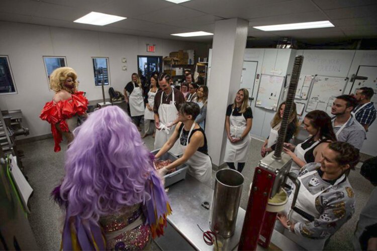 “The Sunday Matinee Sausage Party,” a monthly event at Saucisson, is a hands-on, sausage-making, drag-entertaining extravaganza.