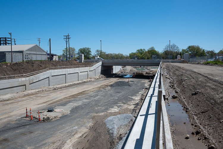 The Opportunity Corridor construction looking east toward E55th Street in May 2021