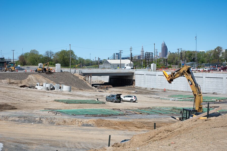 The Opportunity Corridor construction looking west toward E55th Street in May 2021