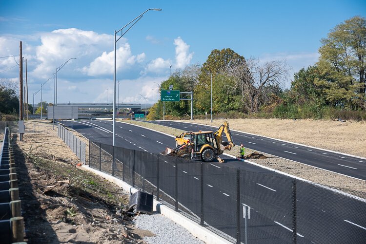The Opportunity Corridor construction looking west from E55th Street near completion in November 2021
