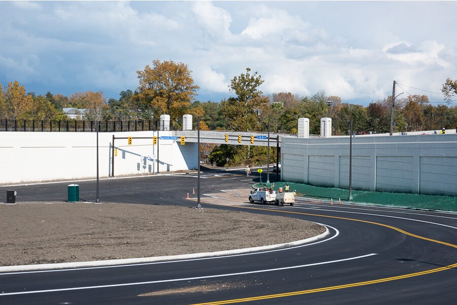 The Opportunity Corridor construction looking west toward E55th Street near completion in November 2021