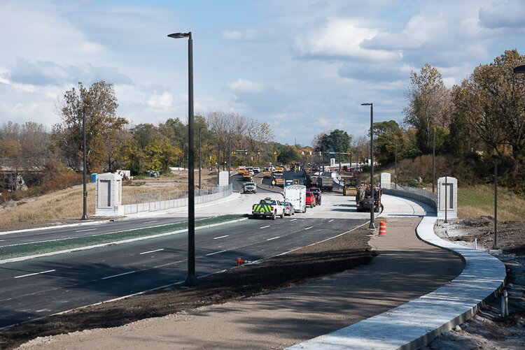 The Opportunity Corridor construction looking west toward E55th Street near completion in November 2021