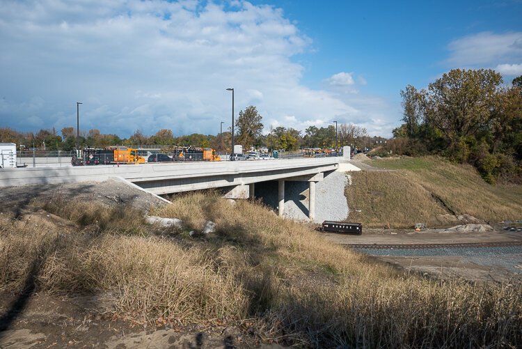 The Opportunity Corridor construction looking west toward E55th Street near completion in November 2021
