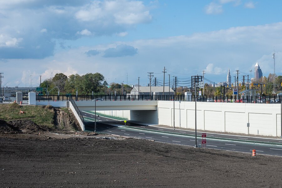 The Opportunity Corridor construction looking west toward E55th Street near completion in November 2021