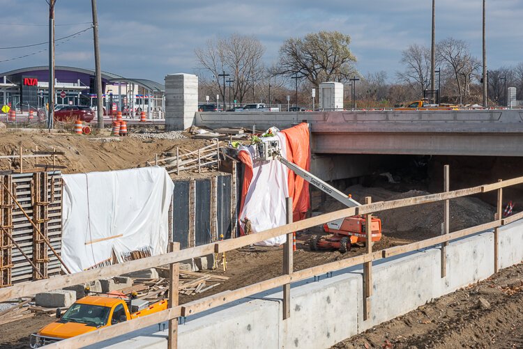 The Opportunity Corridor construction looking east toward E55th Street in November 2020