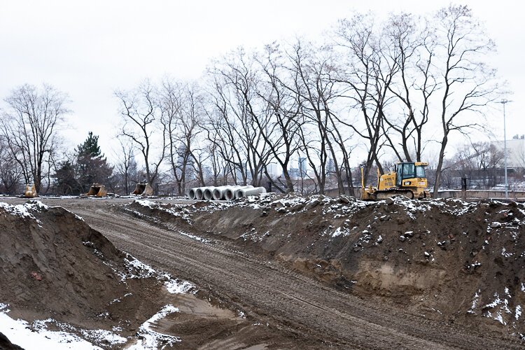 The Opportunity Corridor construction looking west from E55th Street in December 2019