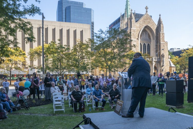 Assembly for the Arts CEO and president Jeremy Johnson speaking at the mural dedication