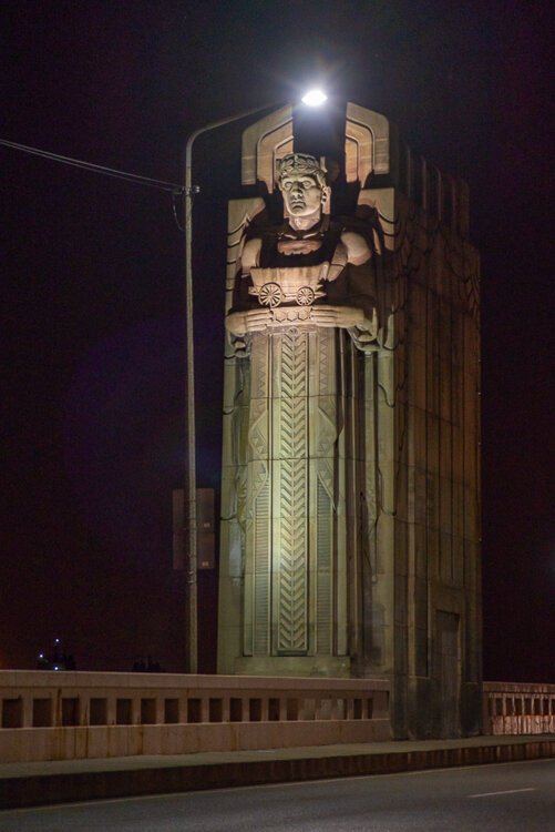 Lighted Cleveland Traffic Guardian statue.