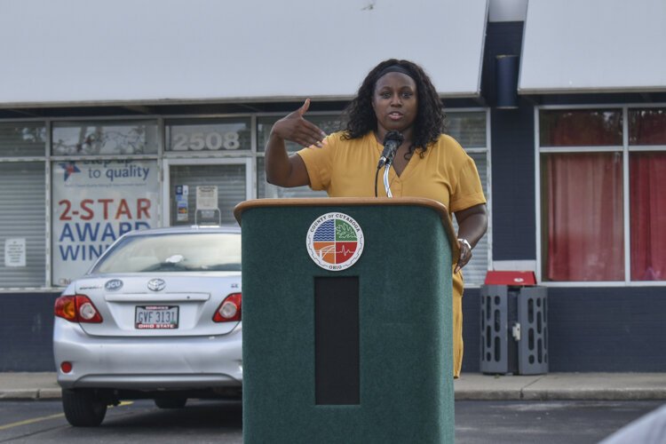 <span class="content-image-text">Joy Johnson, executive director of Burten, Bell, Carr Development Inc., speaks during a Cuyahoga County event meant to gather input on the “surge” in Cleveland’s Central neighborhood in mid-August.</span>