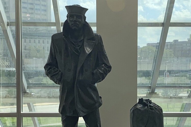 The Lone Sailor Statue outside the Great Lakes Science Center.