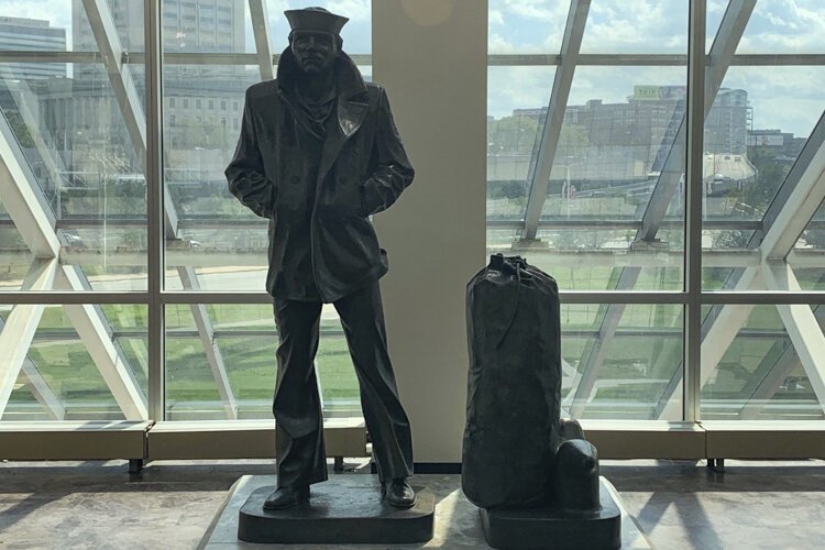 The Lone Sailor Statue outside the Great Lakes Science Center.