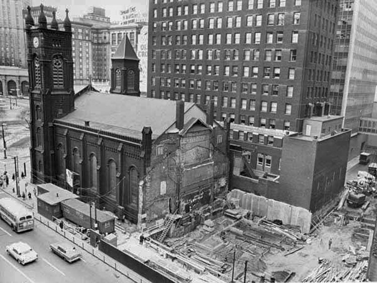 Site of the new Parish House at Old Stone Church in 1961. Construction began in 1960 and was completed in 1964.  The original back wall of the Church is visible.