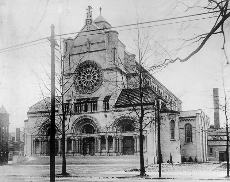 St. Agnes Catholic Church at Euclid and E. 81st. during the 1940s. All but the bell tower was demolished in 1975.