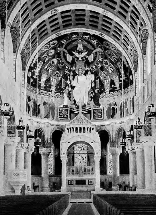 The interior of St. Agnes was embellished by a large mural, “Christ in Majesty,” painted by noted artist Felix Lieftuchter in the church nave.