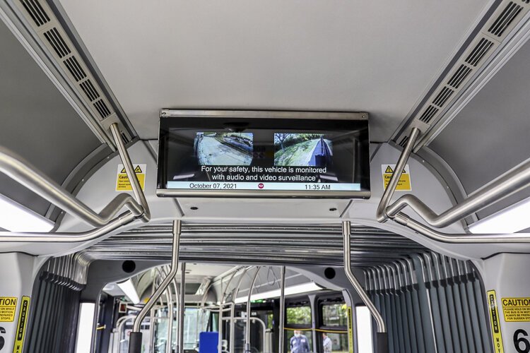 Two LCD screens in each bus that display real-time passenger information such as stop requests, route information, and safety updates. It’s going to make the riders much more informed.