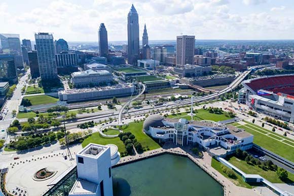 The suspension bridge option for cleveland’s planned pedestrian connection between downtown and the lakefront.