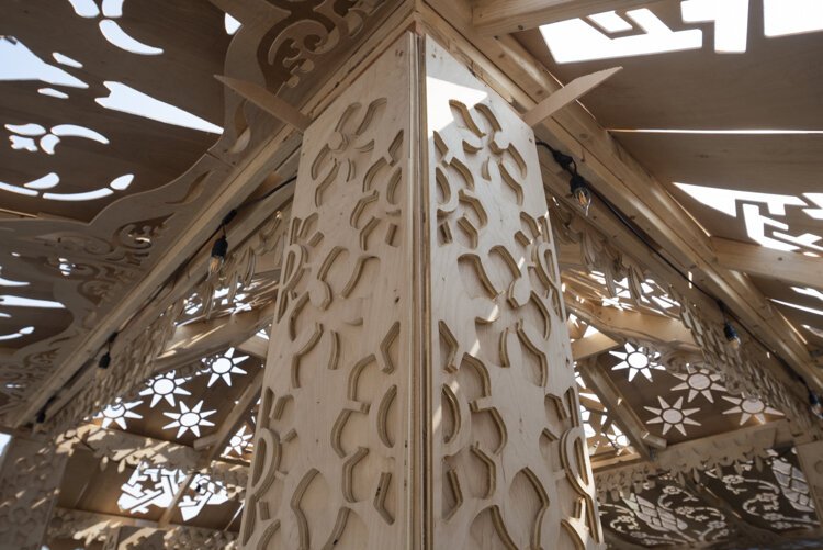 Ascent: One's journey to the heavens through ornate floral and geometric woodwork. Located at 43rd and Detroit by artist/designer/engineer/Builder Dave Biro.