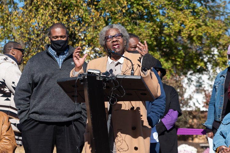 Family members of the Eleven Angels speak about their loved ones at the grand opening.