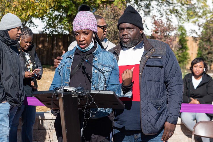 Family members of the Eleven Angels speak about their loved ones at the grand opening.