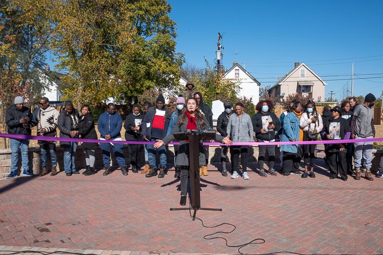 Kelly McCarthy, Western Reserve Land Conservancy speaks just before he ribbon cutting at the grand opening of Garden of Eleven Angels.