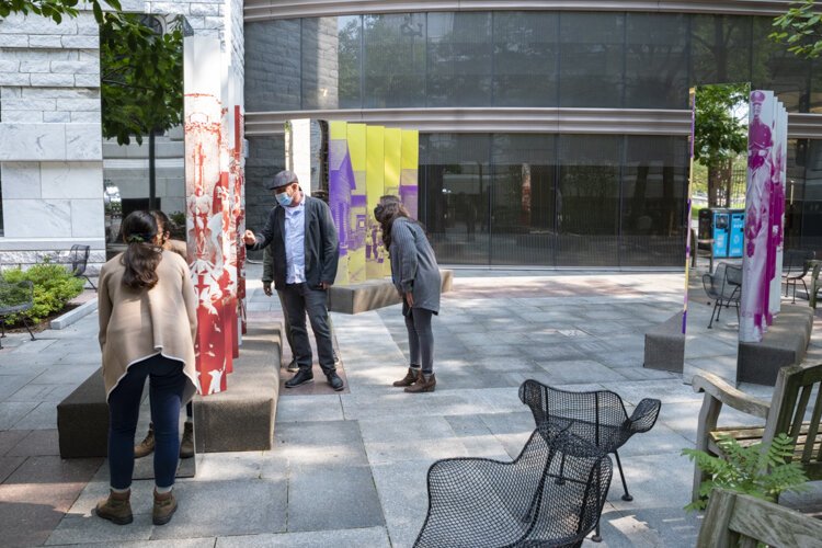 Reflect and Refract Democracy an interactive system of reflections, refractions, and nonlinear history celebrating the system of democracy by New York artist Rose DeSiano in the Cleveland Public Library Eastman Reading Garden.