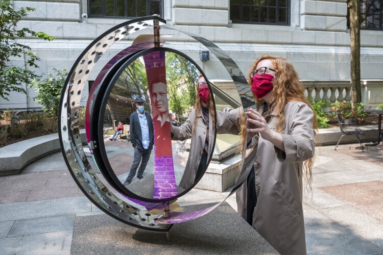 Reflect and Refract Democracy an interactive system of reflections, refractions, and nonlinear history celebrating the system of democracy by New York artist Rose DeSiano in the Cleveland Public Library Eastman Reading Garden.