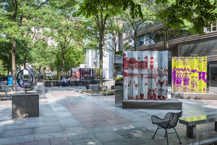 Reflect and Refract Democracy an interactive system of reflections, refractions, and nonlinear history celebrating the system of democracy by New York artist Rose DeSiano in the Cleveland Public Library Eastman Reading Garden.