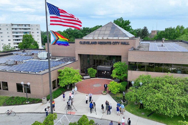 First-ever Progress Pride Flag raising in front of Cleveland Heights City Hall